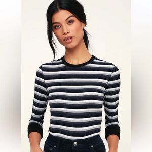 Free People Good on You Grey Multi Striped Three-Quarter Sleeve Tee